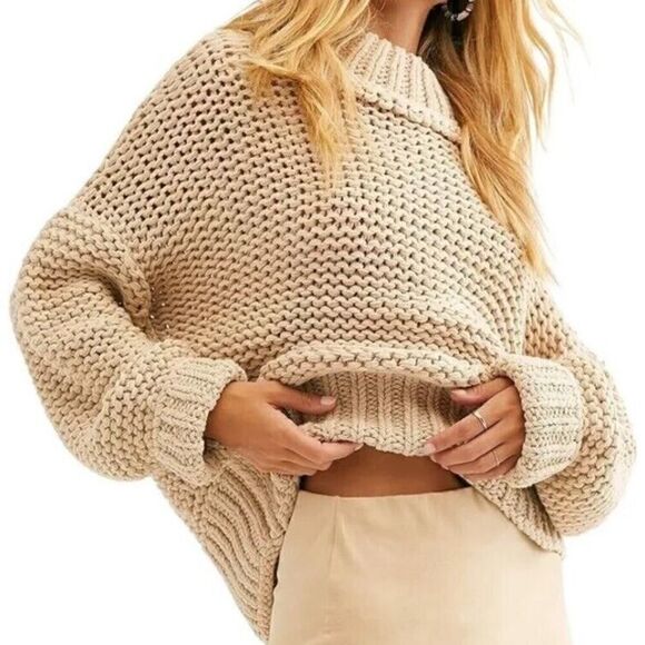 Free People Sweaters - Free People My Only Sunshine Cowl Neck Sweater Linen Neutral Chunky- knit Large